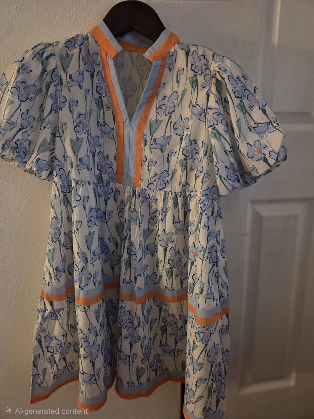 Floral Mini Dress with Orange Trim - Light Blue & White With Pockets
